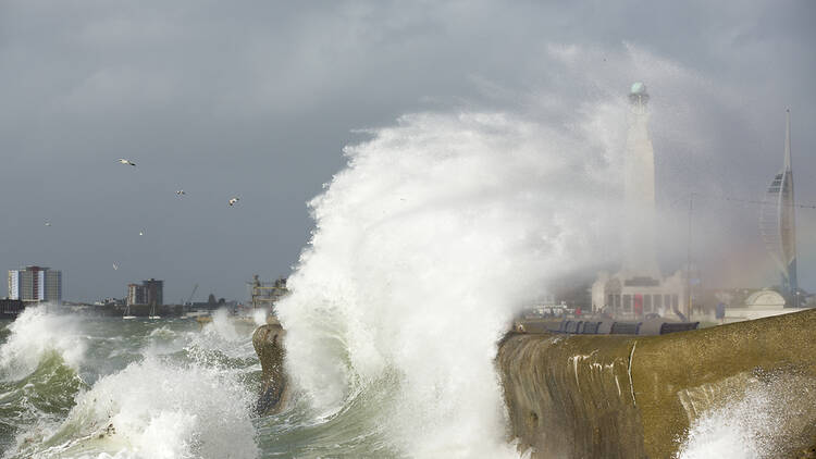 Storm waves hitting the harbour at Portsmouth in England