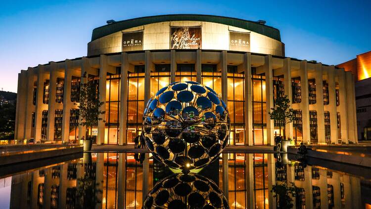 Find the gigantic illuminated orb at Place Des Arts