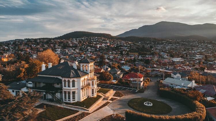 Aerial view of Hobart city fringe