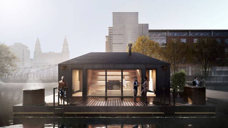 CGI image of floating Wyld Sauna at Princes Dock, Liverpool 