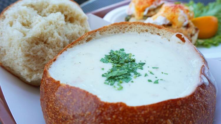 San Francisco, CA: the $13.99 clam chowder in a sourdough bread bowl at Boudin Bakery