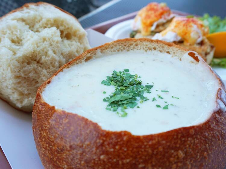 San Francisco, CA: the $13.99 clam chowder in a sourdough bread bowl at Boudin Bakery