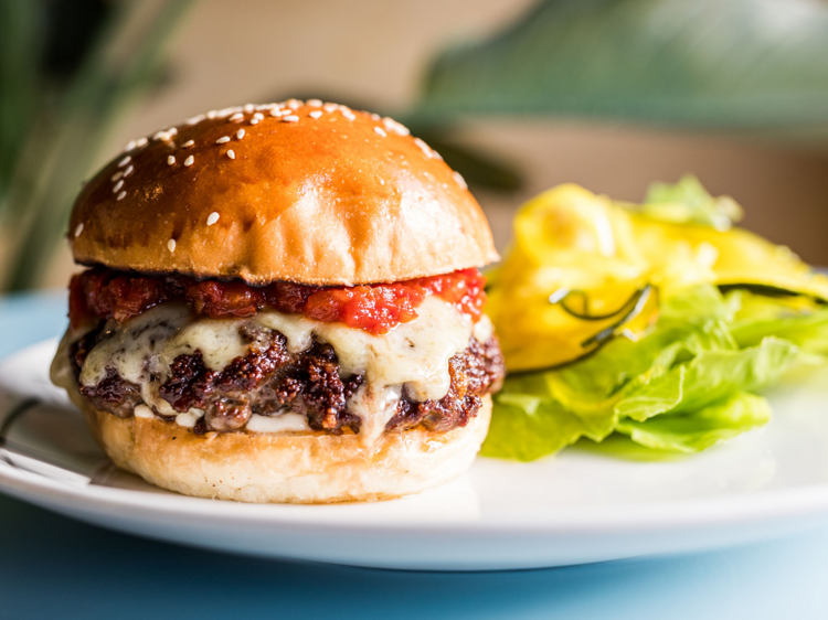 Beef burger on plate with salad