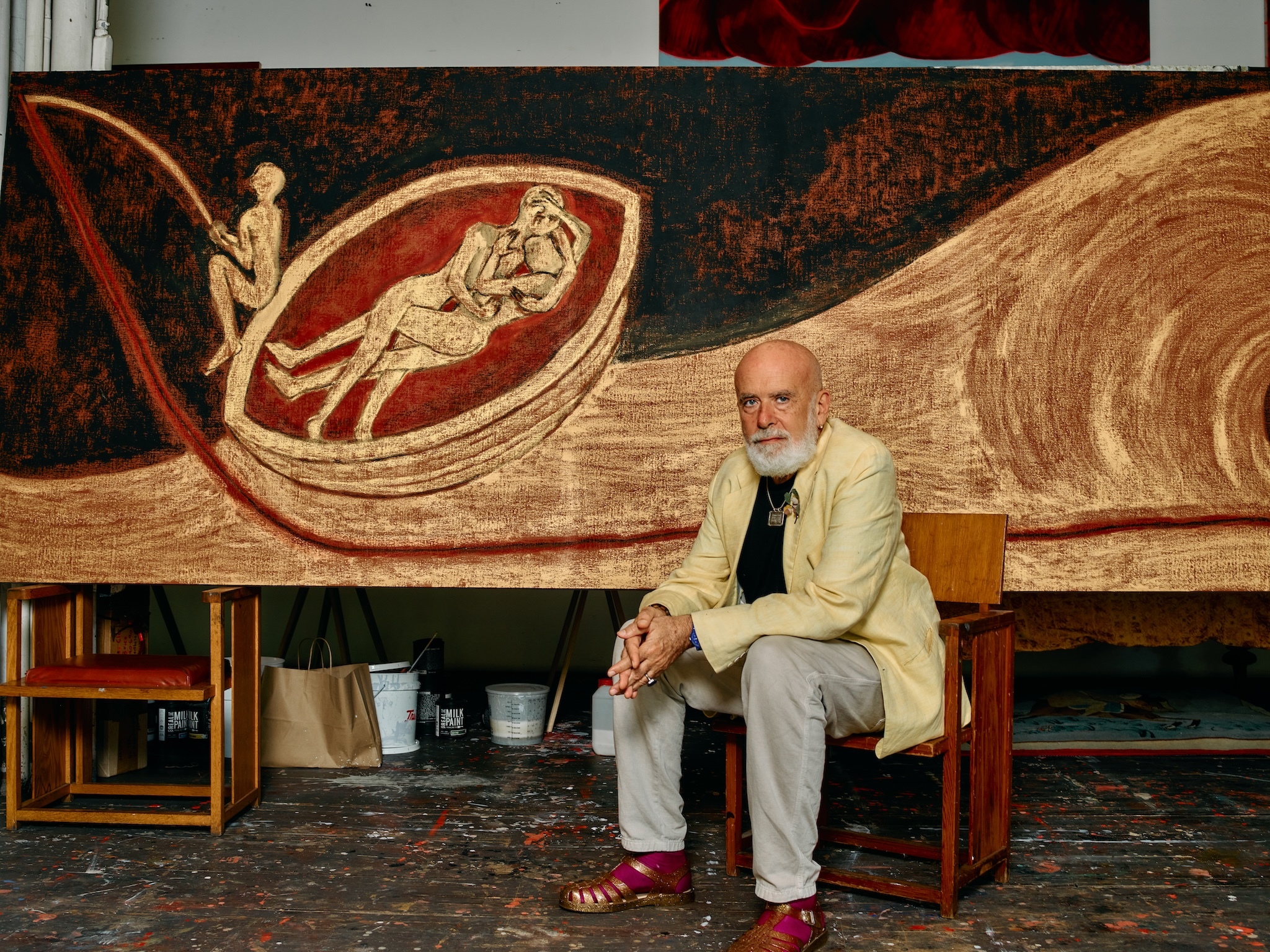 Artist Francesco Clemente sitting in his studio