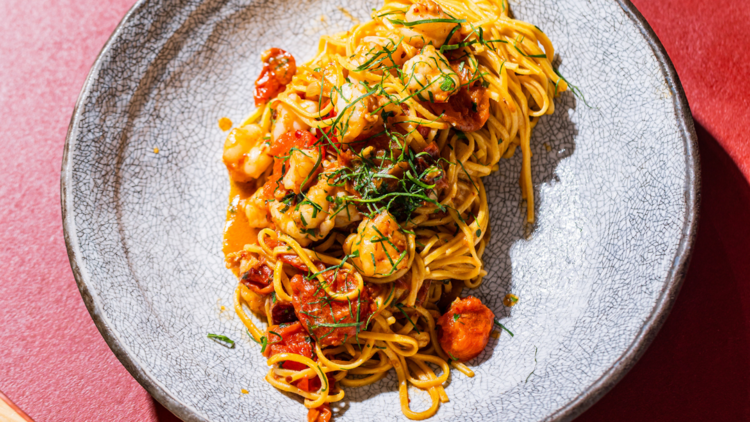 Pasta and prawns on a plate