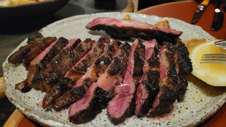 Rare steak sliced on a plate