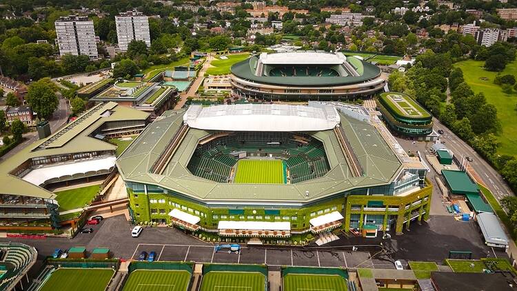 Wimbledon tennis courts from above, with centre court