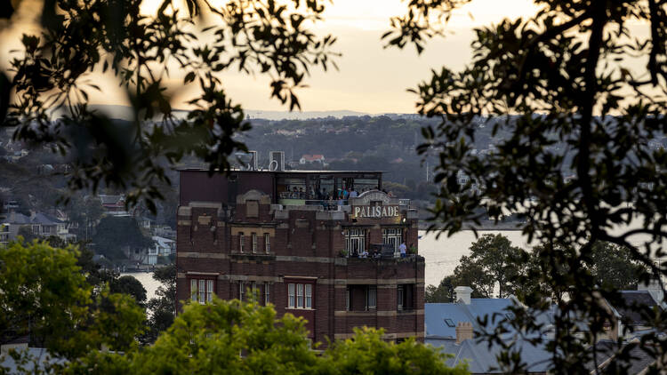 View of the Hotel Palisade's rooftop bar from Observatory Hill, Millers Point