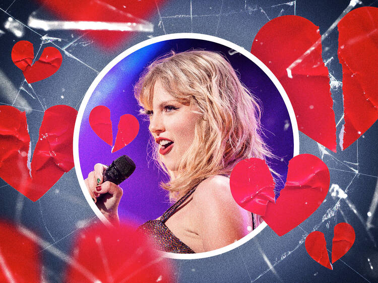 Breakup songs asset featuring Taylor Swift in a circle surrounded by broken hearts