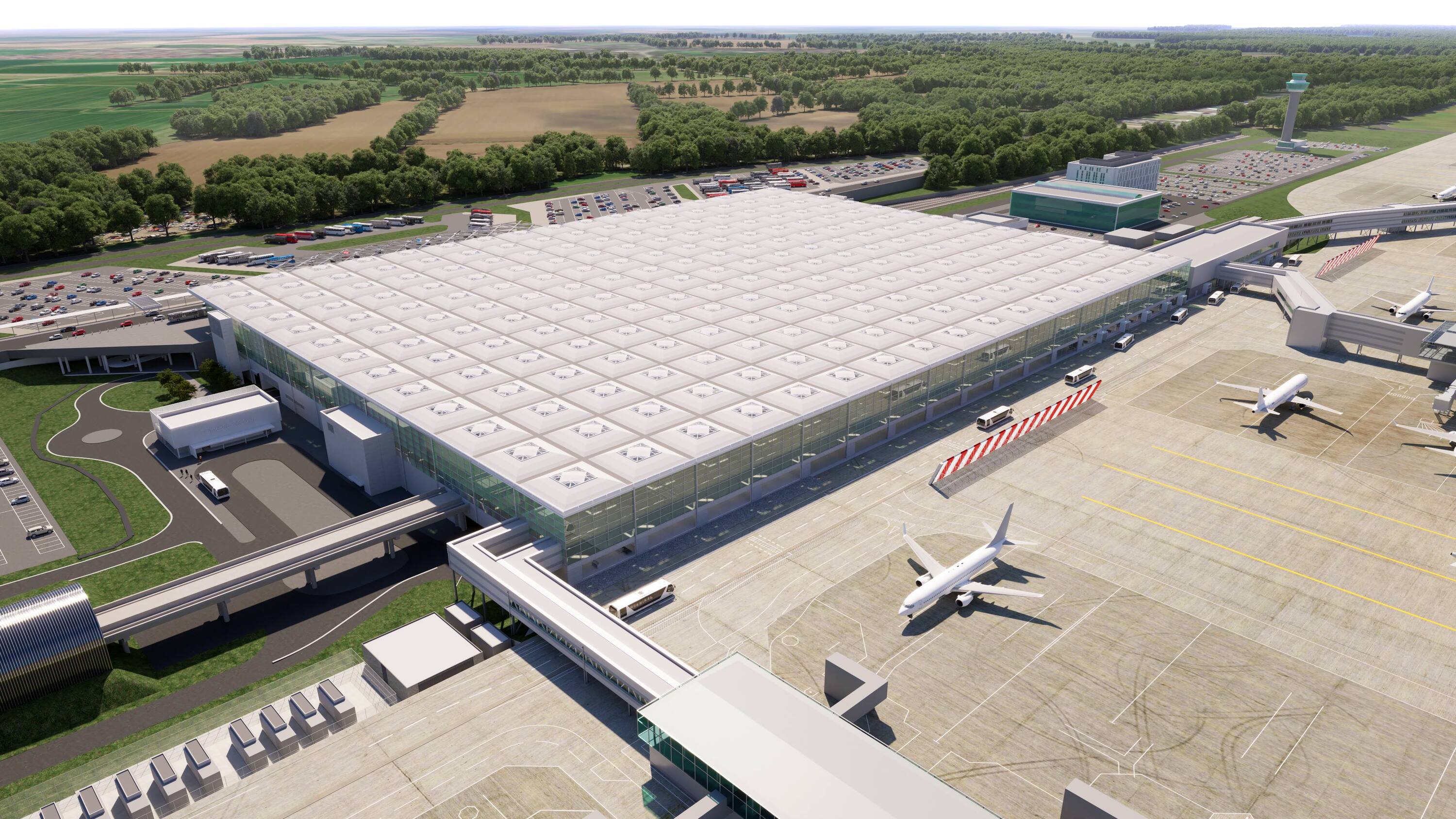 CGI image of planned extension to London Stansted Airport 