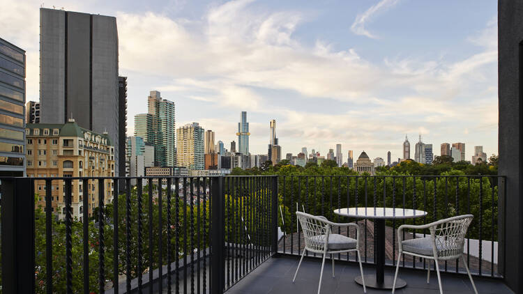 The terrace at the Royce Hotel.