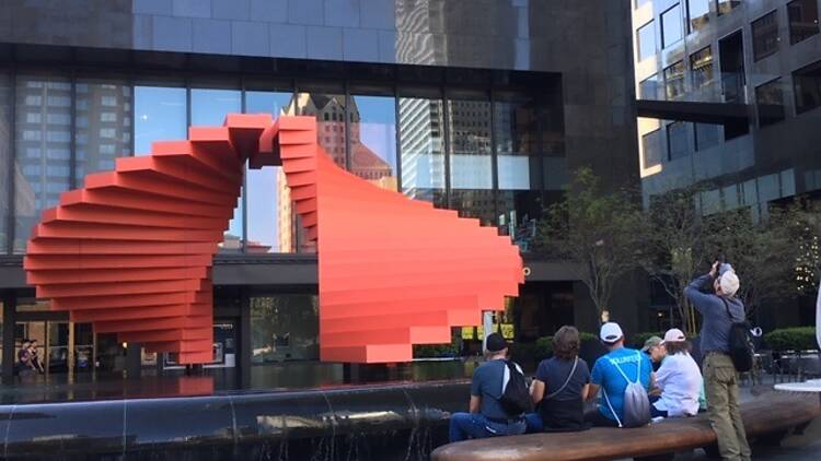 A red Modernist sculpture in Downtown Los Angeles.