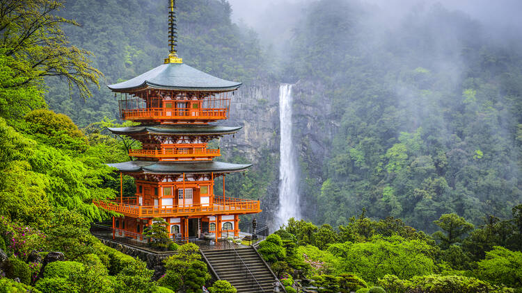 The pagoda at Kumano Nachi Taisha is covered up behind scaffolding