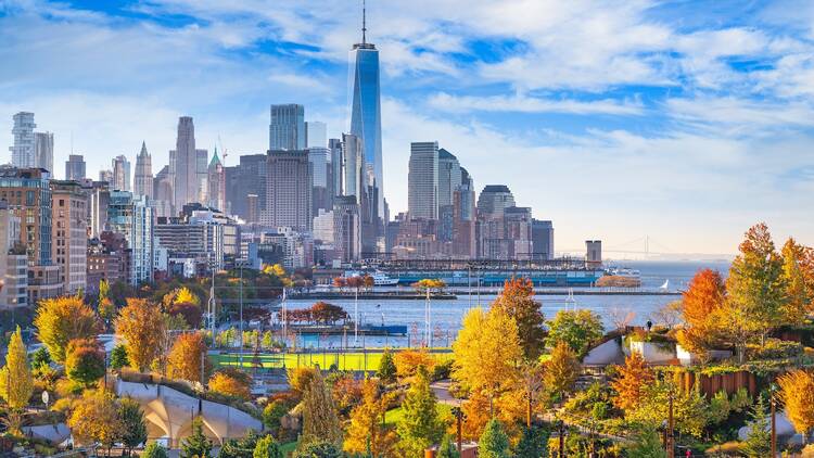 New York, New York, USA view of the financial district skyline in Lower Manhattan in autumn.