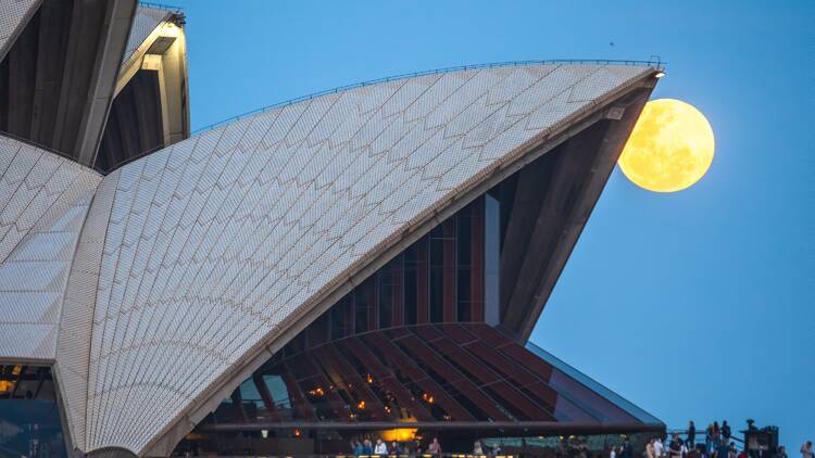 Supermoon peaking out of Sydney Opera House sail