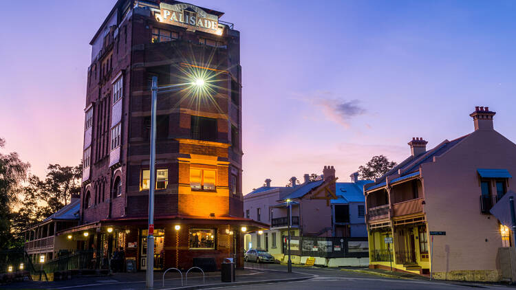 Hotel Palisade exterior at sunset