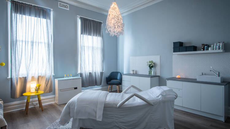 A calming treatment room at Shine Skin and Body.