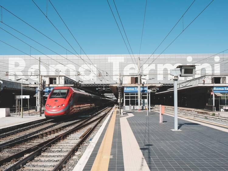 ROME, ITALY - SEPTEMBER 21, 2024: Frecciarossa high speed train departure from Roma Termini, Italy