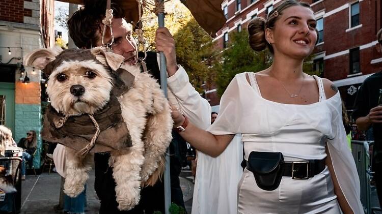 Chewbacca and their human Leia at the Tompkins Square Halloween Dog Parade