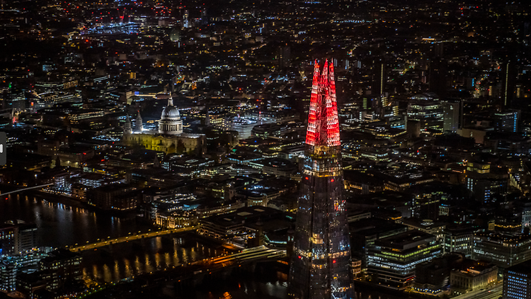 The Shard, London, at Christmastime with festive lights