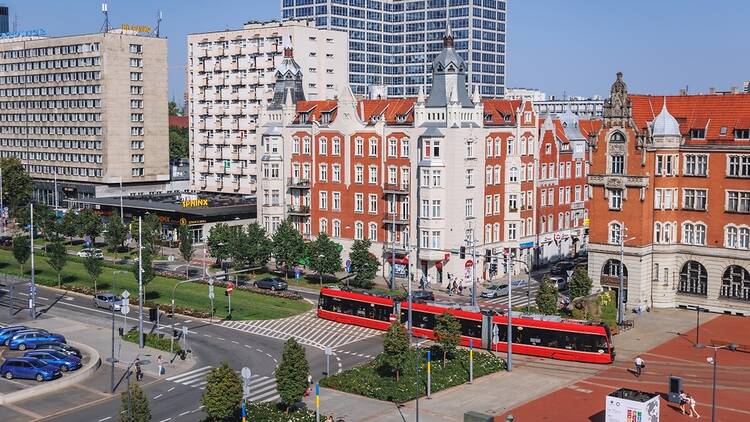 Aerial view of center of Katowice city in Poland