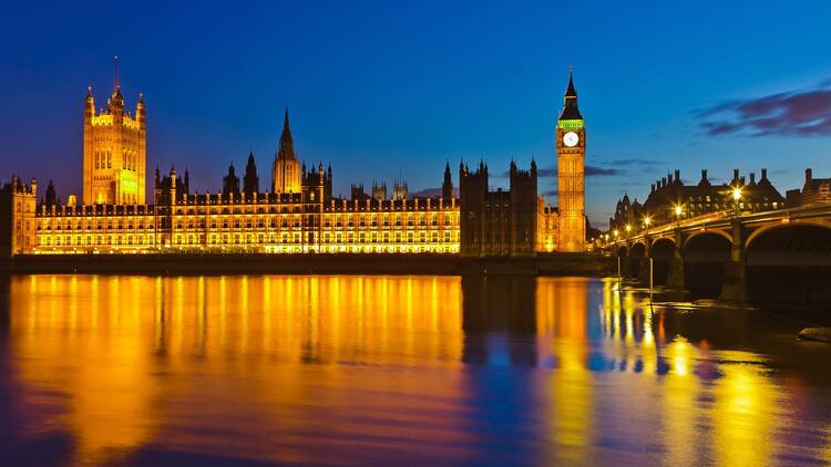 Houses of Parliament viewed from the Thames at night