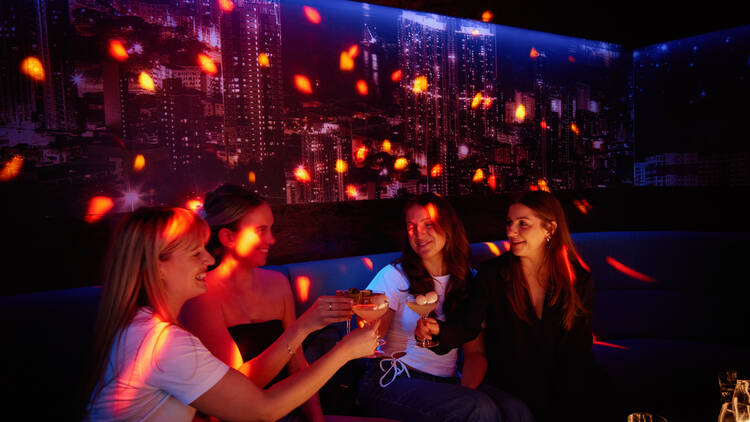 People toasting with drinks in a karaoke room