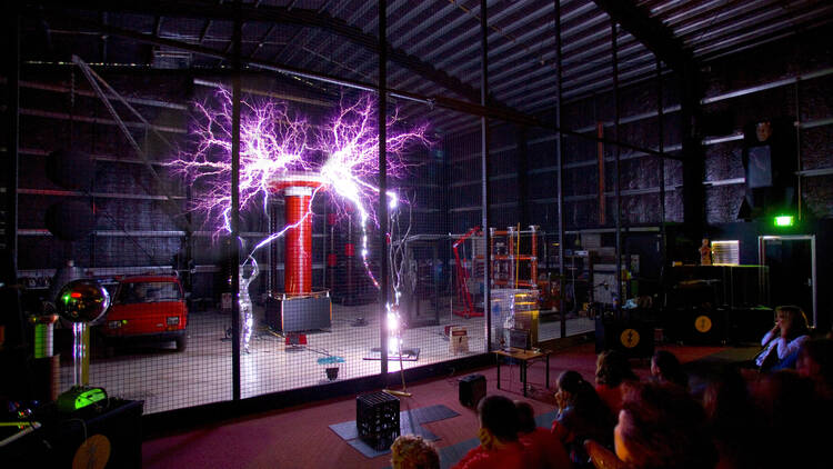 Scienceworks Lightning Room demonstration with young audience, 2005.