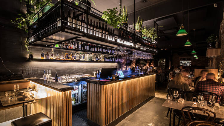 Inside of dark dining room with plants above bar