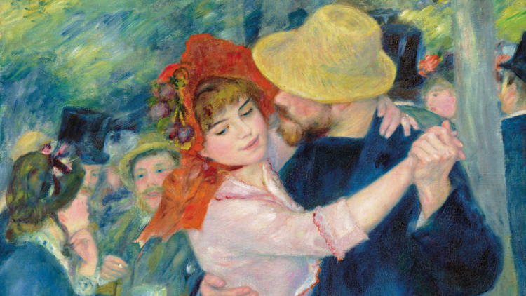 French impressionist painting of a man and a woman dancing.