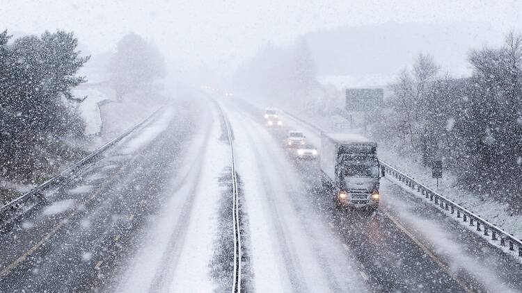 Snow on a motorway in the UK