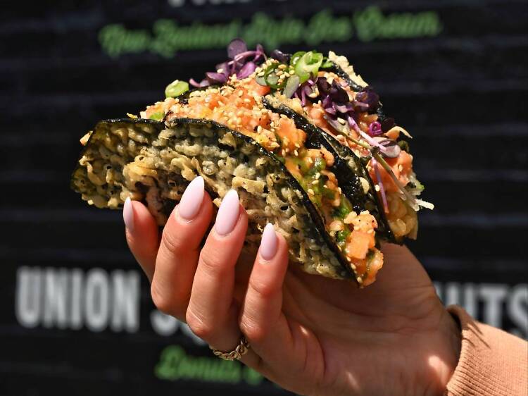 Torched salmon teriyaki crispy nori tacos at gogo ya