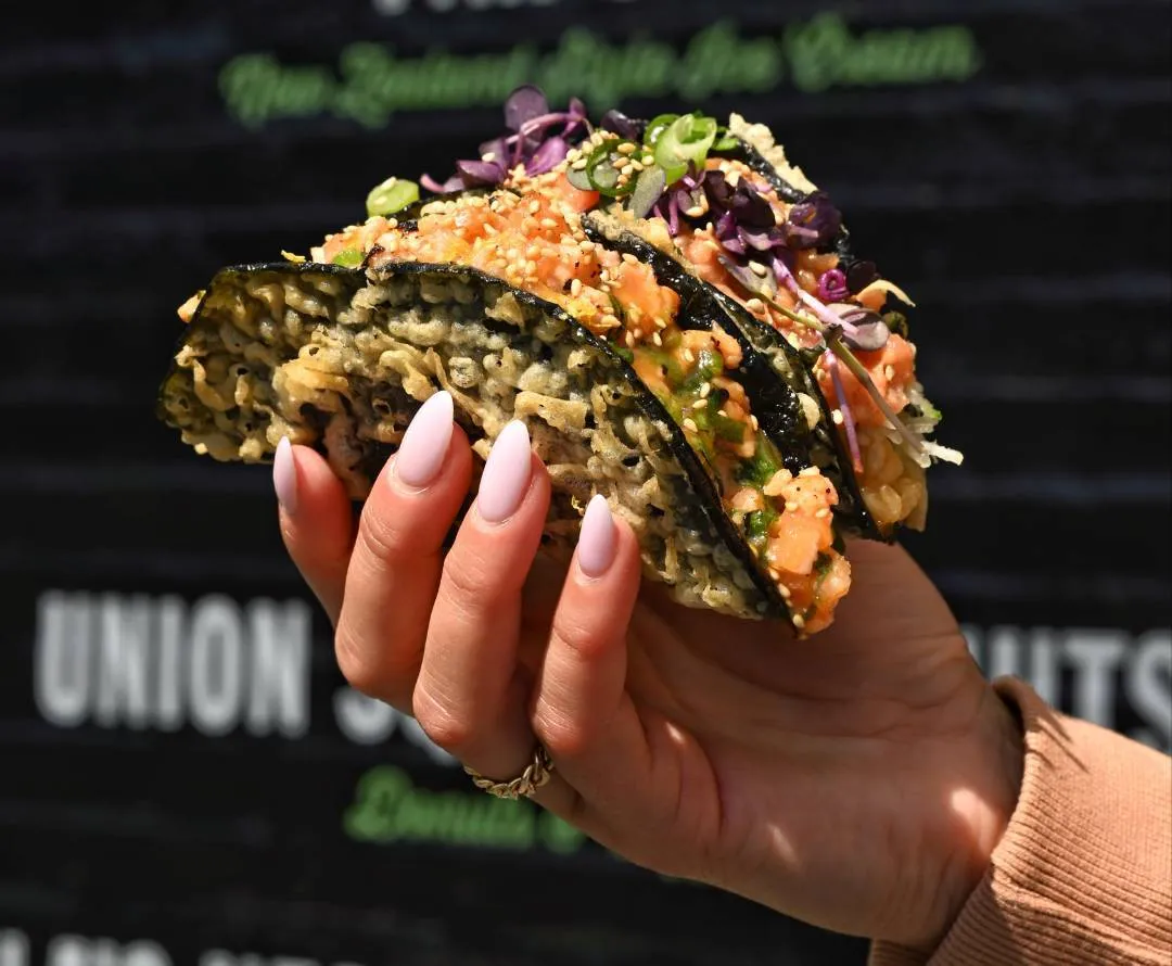 Torched Salmon Teriyaki Crispy Nori Tacos at Gogo Ya at Time Out Market Boston