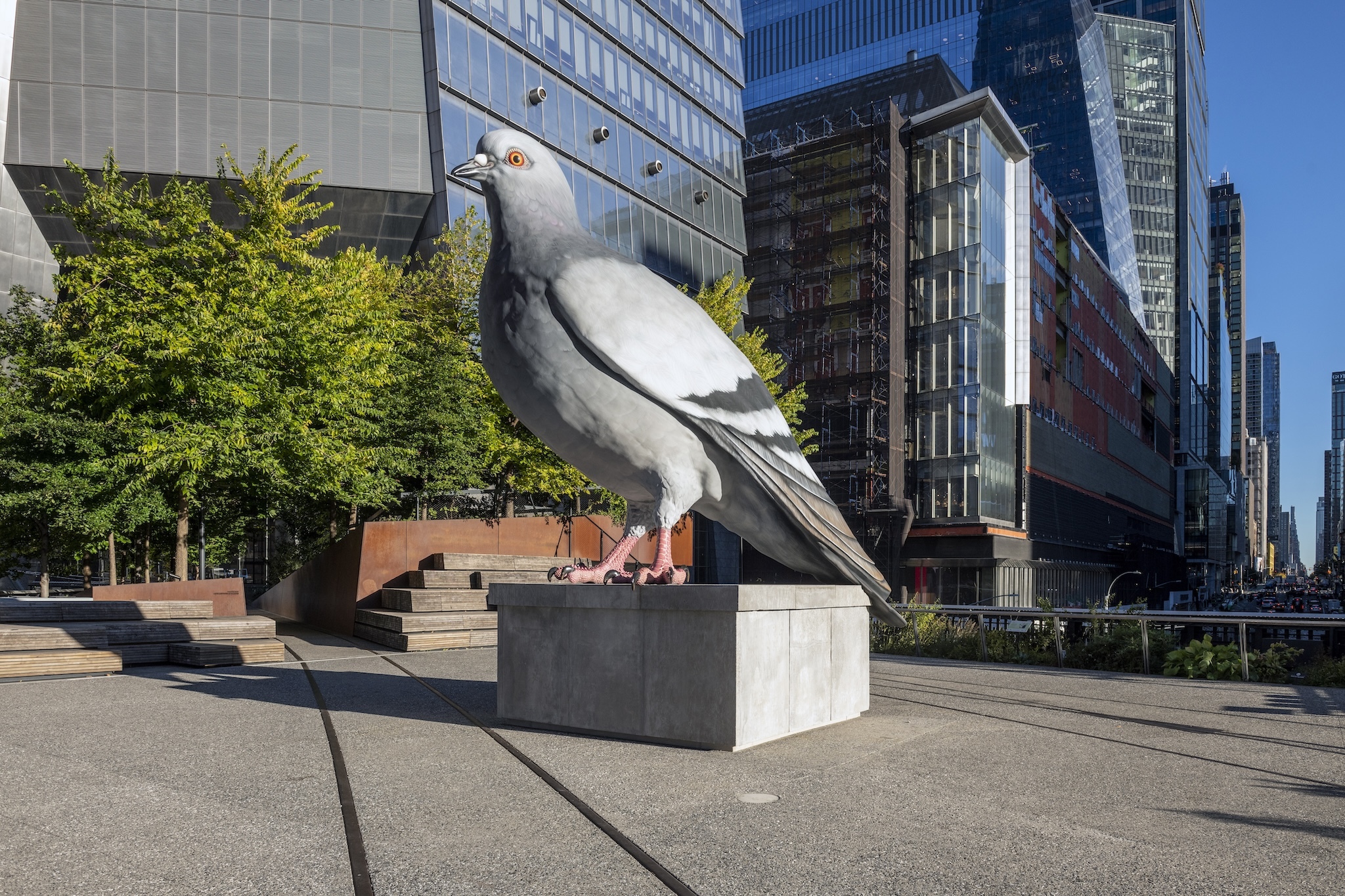 A view of a pigeon sculpture.