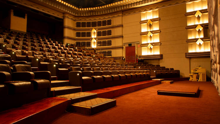 The interior of a cinema with Art Deco design. 