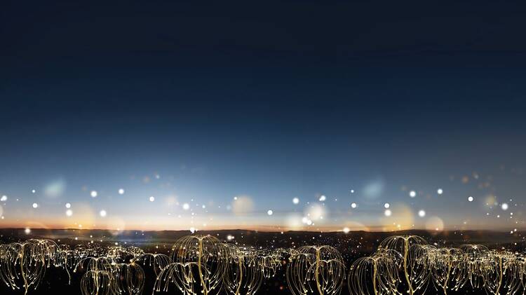 An artist rendering of firefly lights illuminating a landscape. 