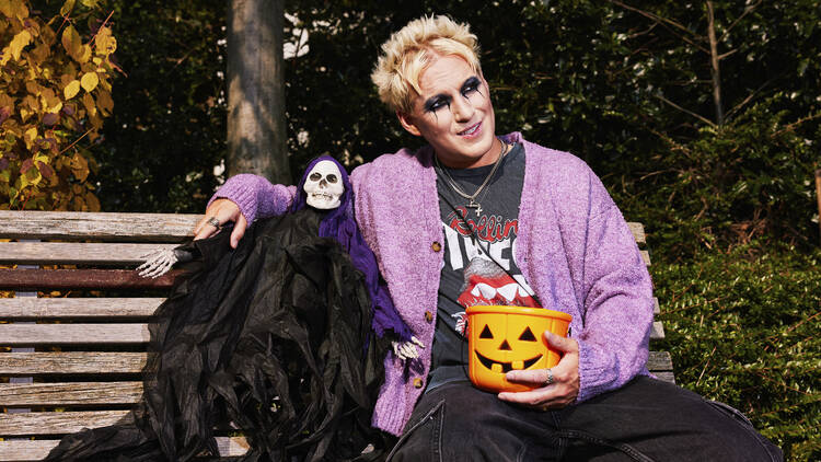 Jamie Laing on a bench