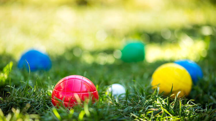 a lot of colorful plastic boules or boccia balls are lying on a green meadow in the summer