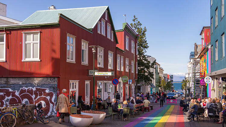 Reykjavik, Iceland: A colourful street on a sunny day