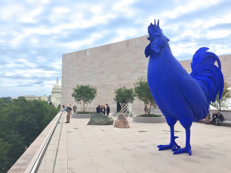 The National Gallery of Art's East Building and Katharina Fritsch's "Hahn/Cock."