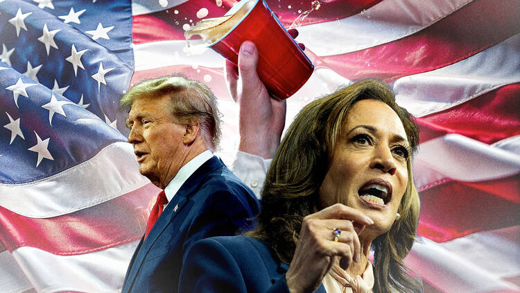 Kamala Harris and Donald Trump in front of a USA flag