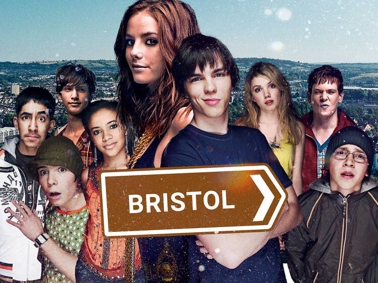 Skins characters and a Bristol road sign 