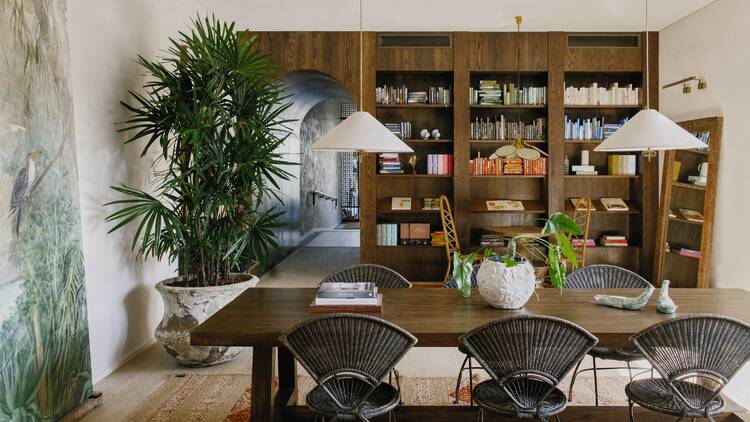 Library with wood bookshelf