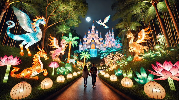 Visitors in front of a castle lantern display at Lektrik: A Festival of Lights.