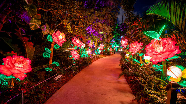 Visitors in front of a castle lantern display at Lektrik: A Festival of Lights.