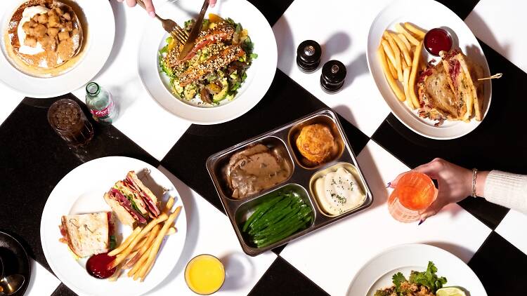 A black and white checkerboard of diner fare