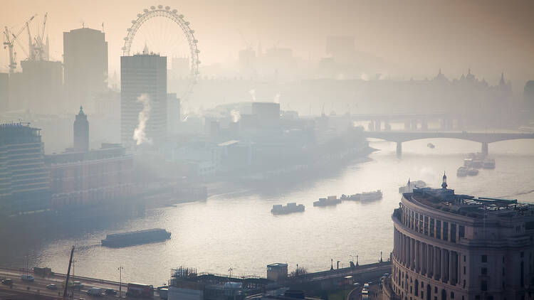 Foggy London view of the river Thames