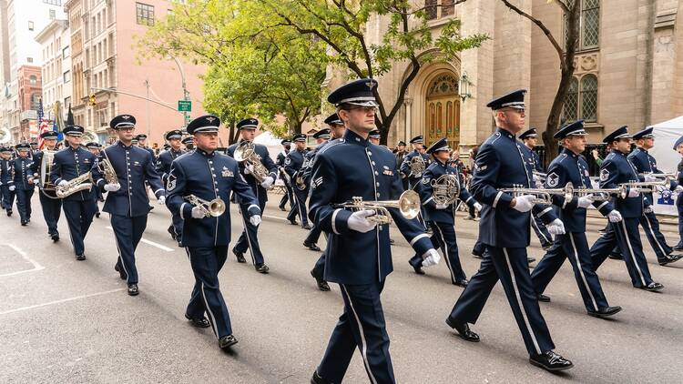 A military band marches in the Veterans Day Parade in NYC.