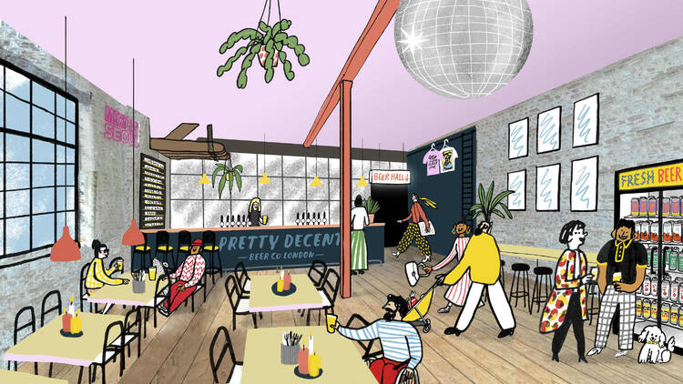 An artist's graphic impression of the new taproom, showing people drinking at tables and a bar serving beer.