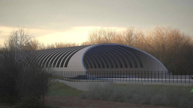 An artists impression of the proposed bat shelter, showing a large structure covering the train tracks